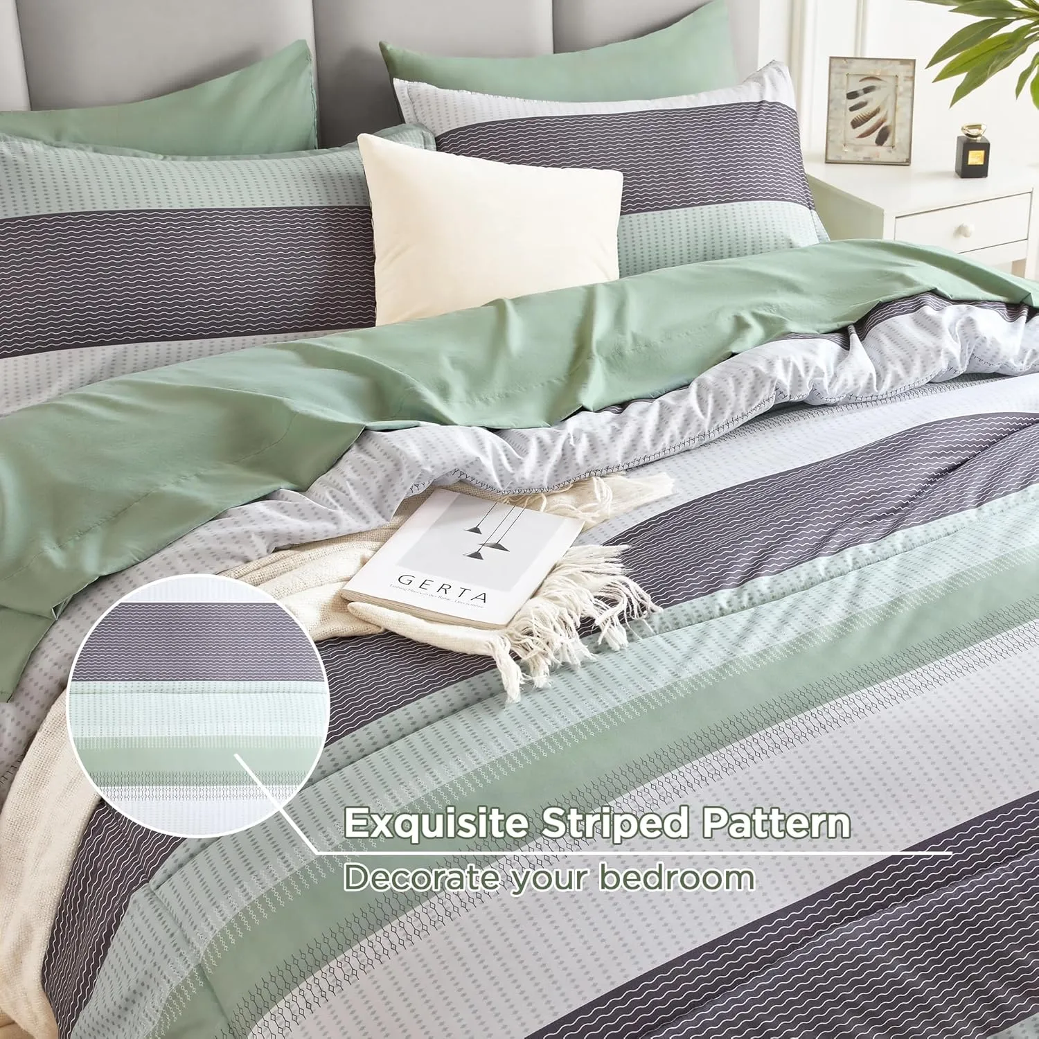 Andency Queen Comforter Set Sage Green - 7 Pieces Green Striped Bed in a Bag, Soft Microfiber All Season Patchwork Bedding Set with Comforter, Fitted & Flat Sheet, Pillowcases & Shams