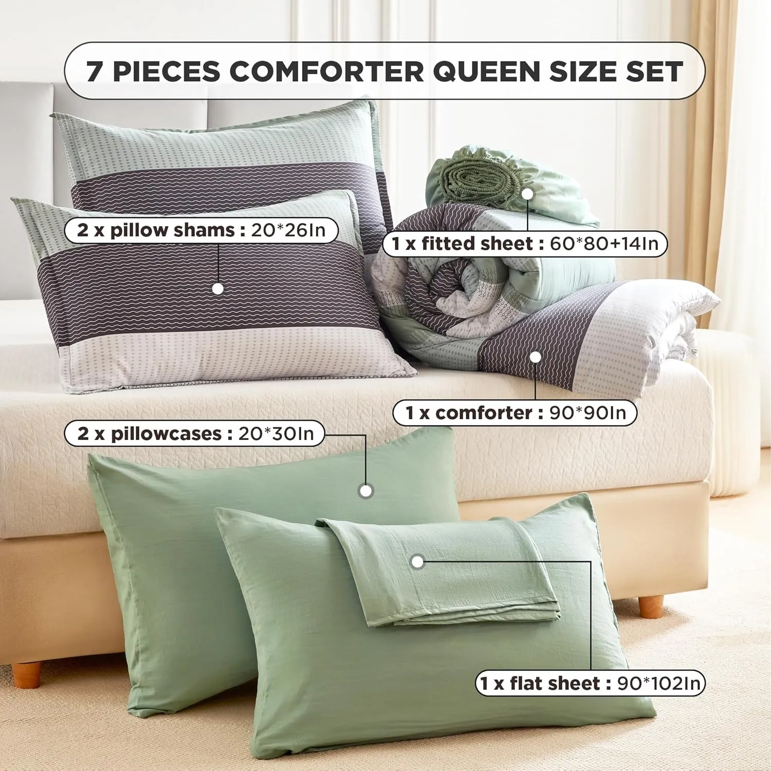 Andency Queen Comforter Set Sage Green - 7 Pieces Green Striped Bed in a Bag, Soft Microfiber All Season Patchwork Bedding Set with Comforter, Fitted & Flat Sheet, Pillowcases & Shams