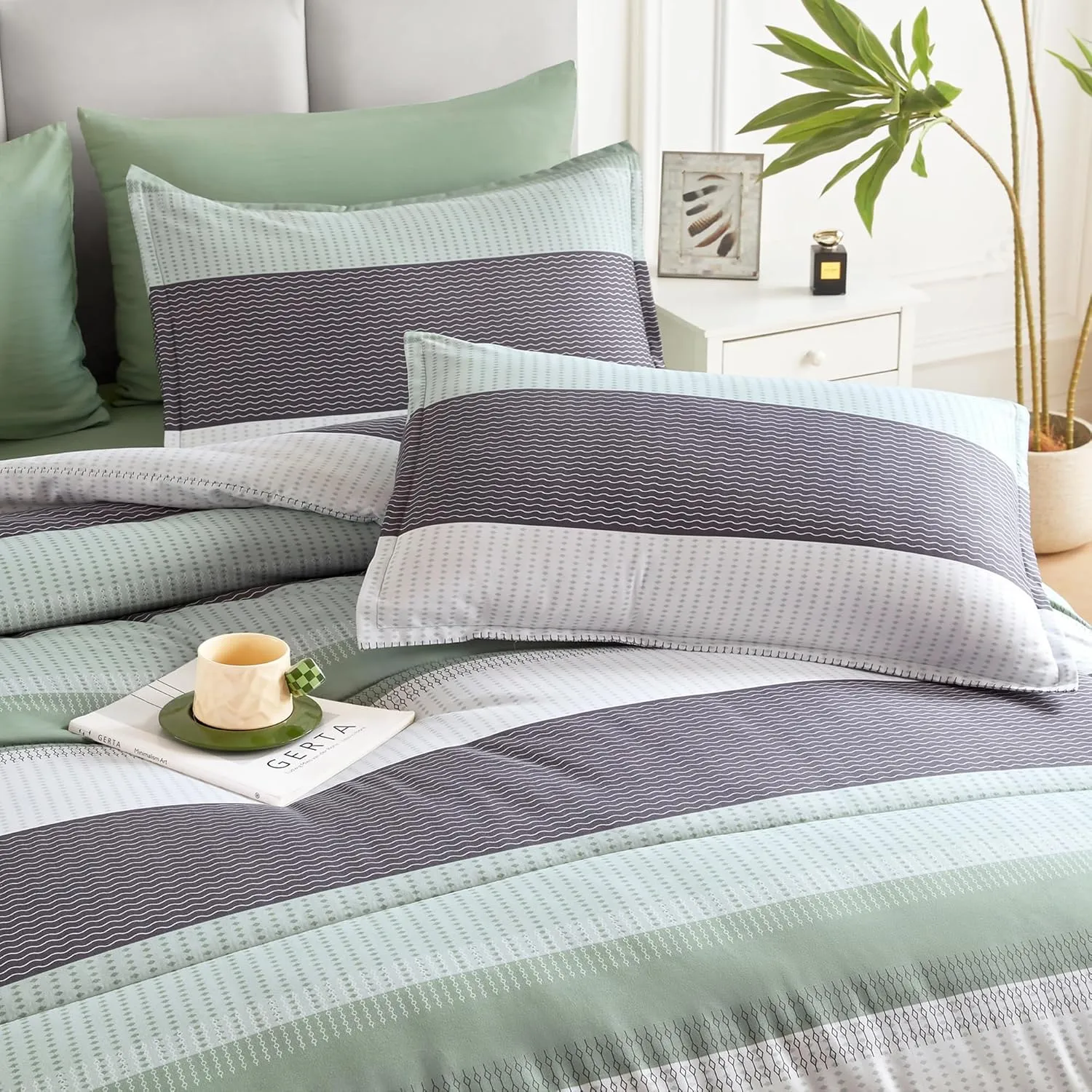 Andency Queen Comforter Set Sage Green - 7 Pieces Green Striped Bed in a Bag, Soft Microfiber All Season Patchwork Bedding Set with Comforter, Fitted & Flat Sheet, Pillowcases & Shams