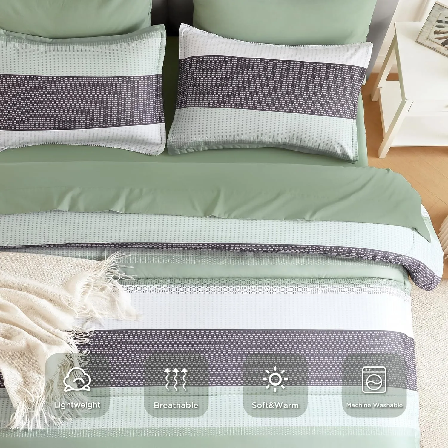 Andency Queen Comforter Set Sage Green - 7 Pieces Green Striped Bed in a Bag, Soft Microfiber All Season Patchwork Bedding Set with Comforter, Fitted & Flat Sheet, Pillowcases & Shams