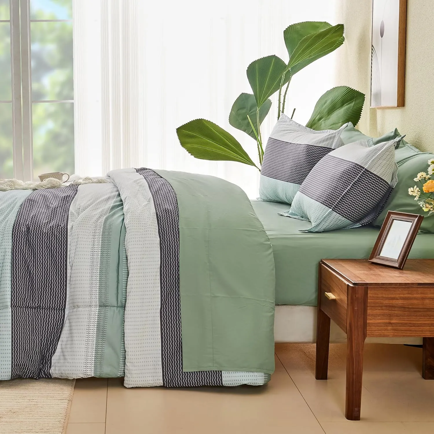 Andency Queen Comforter Set Sage Green - 7 Pieces Green Striped Bed in a Bag, Soft Microfiber All Season Patchwork Bedding Set with Comforter, Fitted & Flat Sheet, Pillowcases & Shams