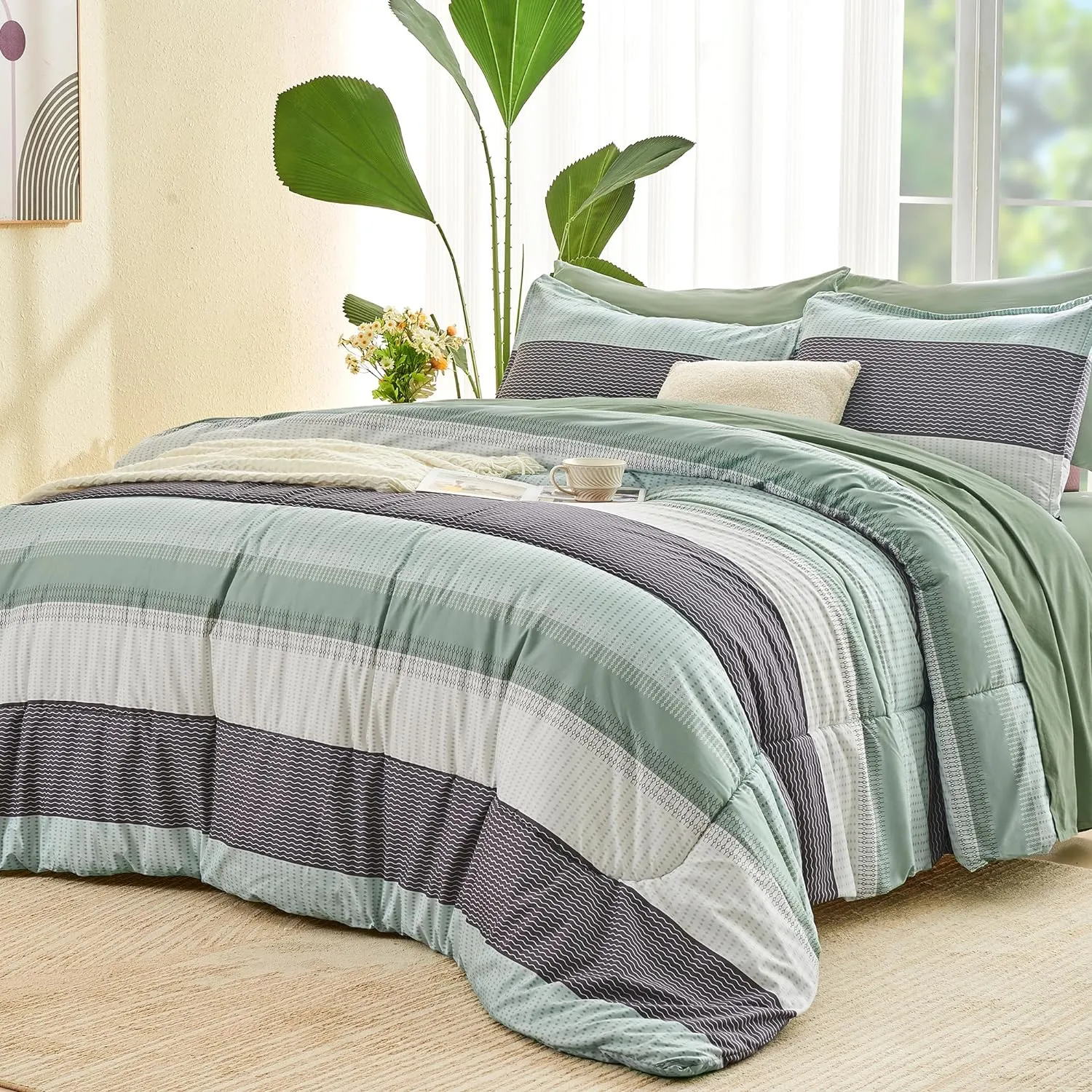 Andency Queen Comforter Set Sage Green - 7 Pieces Green Striped Bed in a Bag, Soft Microfiber All Season Patchwork Bedding Set with Comforter, Fitted & Flat Sheet, Pillowcases & Shams