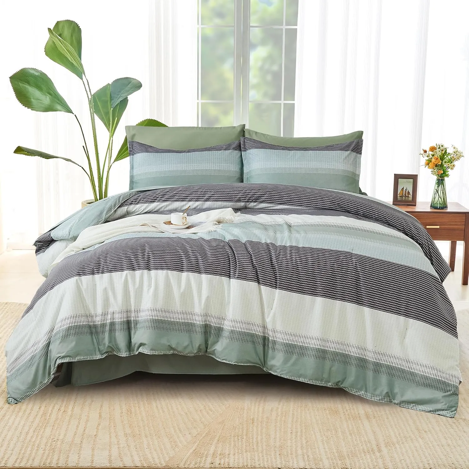 Andency Queen Comforter Set Sage Green - 7 Pieces Green Striped Bed in a Bag, Soft Microfiber All Season Patchwork Bedding Set with Comforter, Fitted & Flat Sheet, Pillowcases & Shams