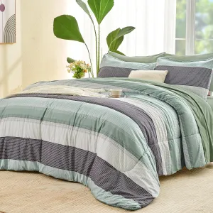 Andency Queen Comforter Set Sage Green - 7 Pieces Green Striped Bed in a Bag, Soft Microfiber All Season Patchwork Bedding Set with Comforter, Fitted & Flat Sheet, Pillowcases & Shams