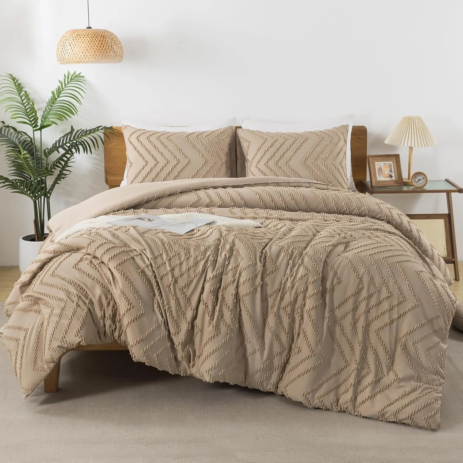 Andency Taupe Comforter Set King Size, Boho Soft Warm Tufted Bedding Comforter Sets for King Size Bed, 3 Pieces Aesthetic Chevron Farmhouse Cute Bohemian Textured Bedding Set