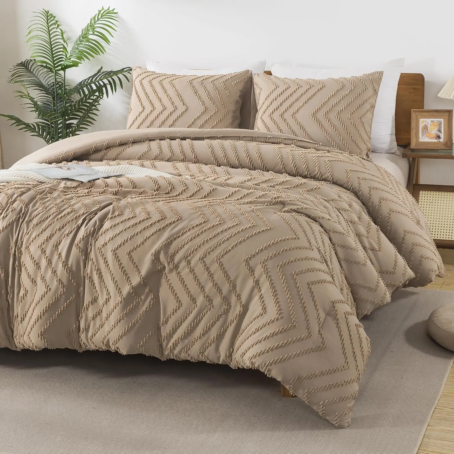 Andency Taupe Comforter Set King Size, Boho Soft Warm Tufted Bedding Comforter Sets for King Size Bed, 3 Pieces Aesthetic Chevron Farmhouse Cute Bohemian Textured Bedding Set