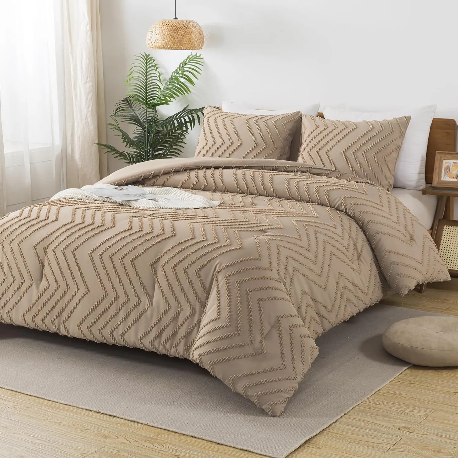 Andency Taupe Comforter Set King Size, Boho Soft Warm Tufted Bedding Comforter Sets for King Size Bed, 3 Pieces Aesthetic Chevron Farmhouse Cute Bohemian Textured Bedding Set