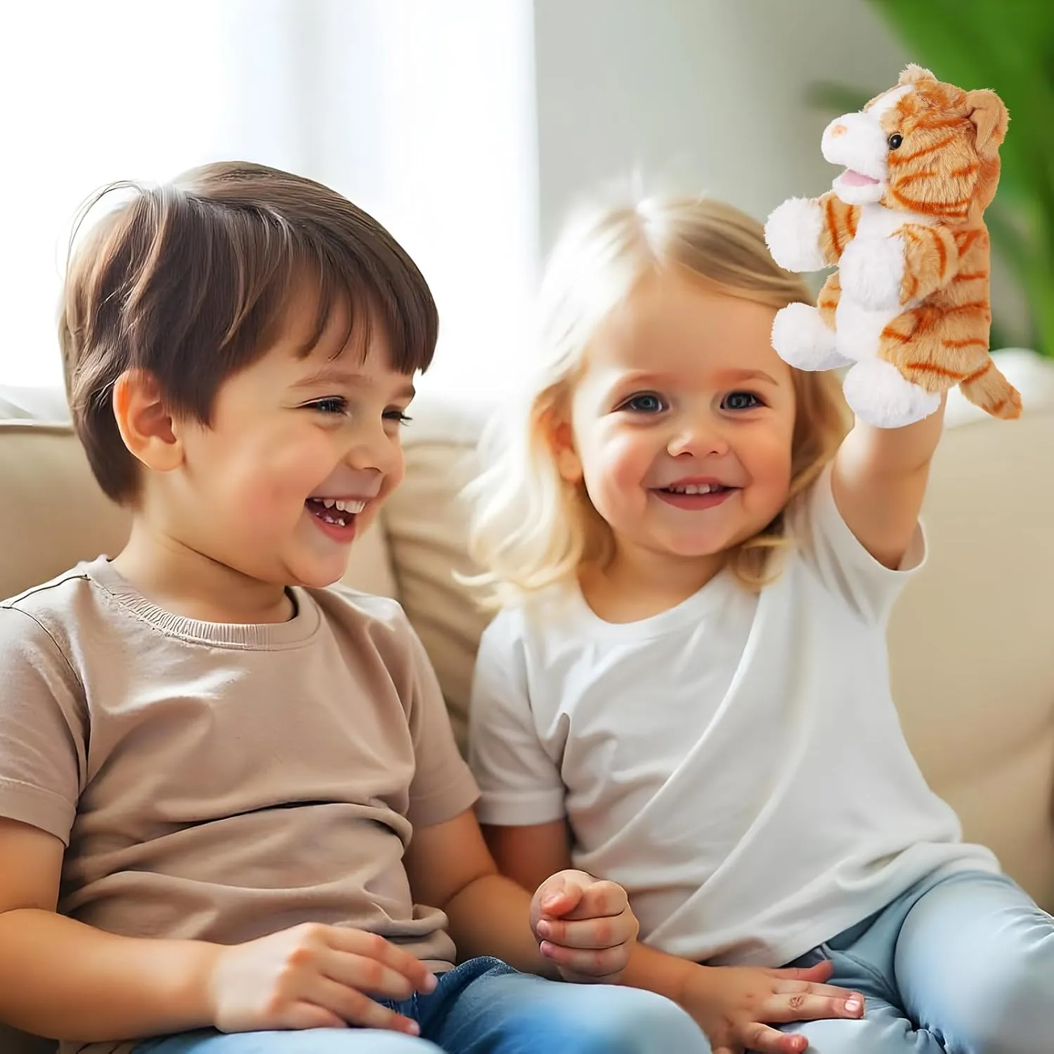 Animal Hand Puppets 11 Inch Sea Turtle Plush Dinosaur 5 Pcs Animals Hand Puppet Toys Role-Play Toy Puppets for Kids Storytelling Imaginative Pretend Play Teaching Preschool(Cat)
