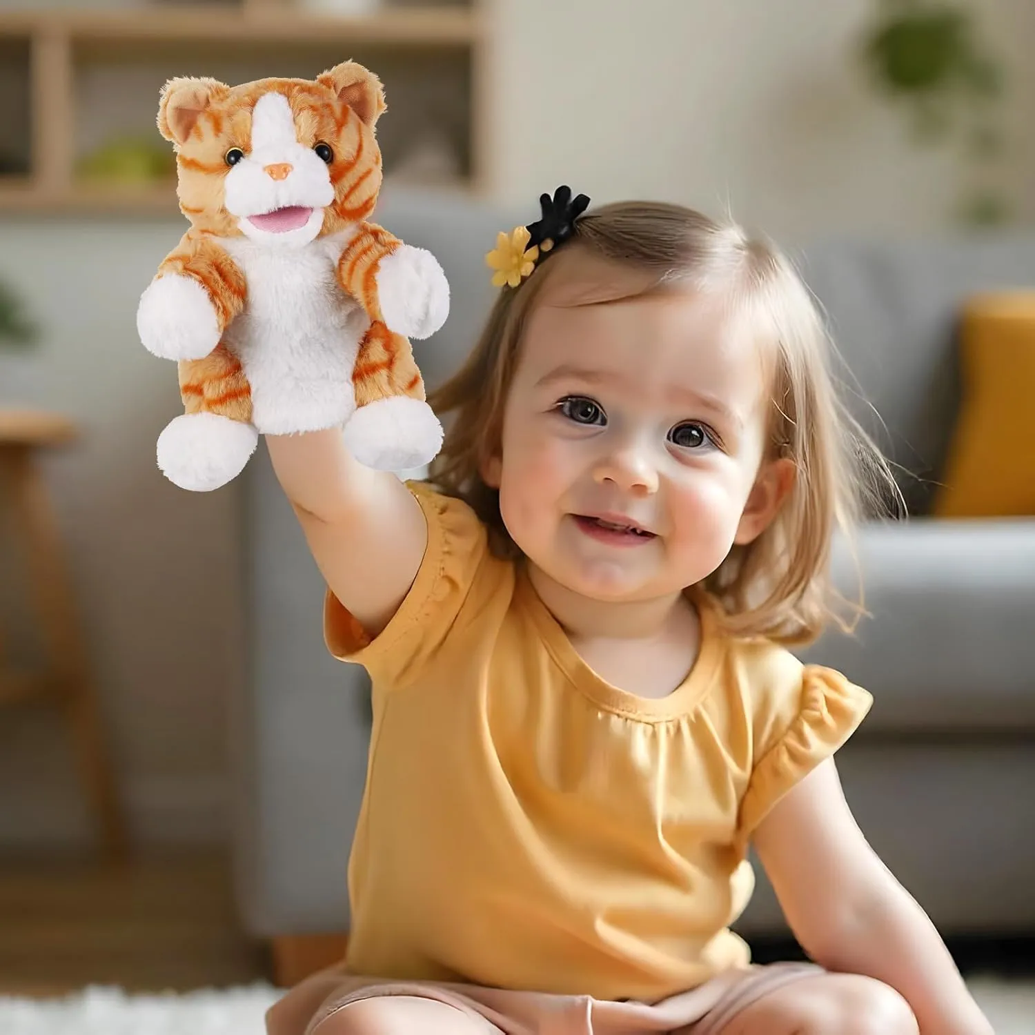 Animal Hand Puppets 11 Inch Sea Turtle Plush Dinosaur 5 Pcs Animals Hand Puppet Toys Role-Play Toy Puppets for Kids Storytelling Imaginative Pretend Play Teaching Preschool(Cat)