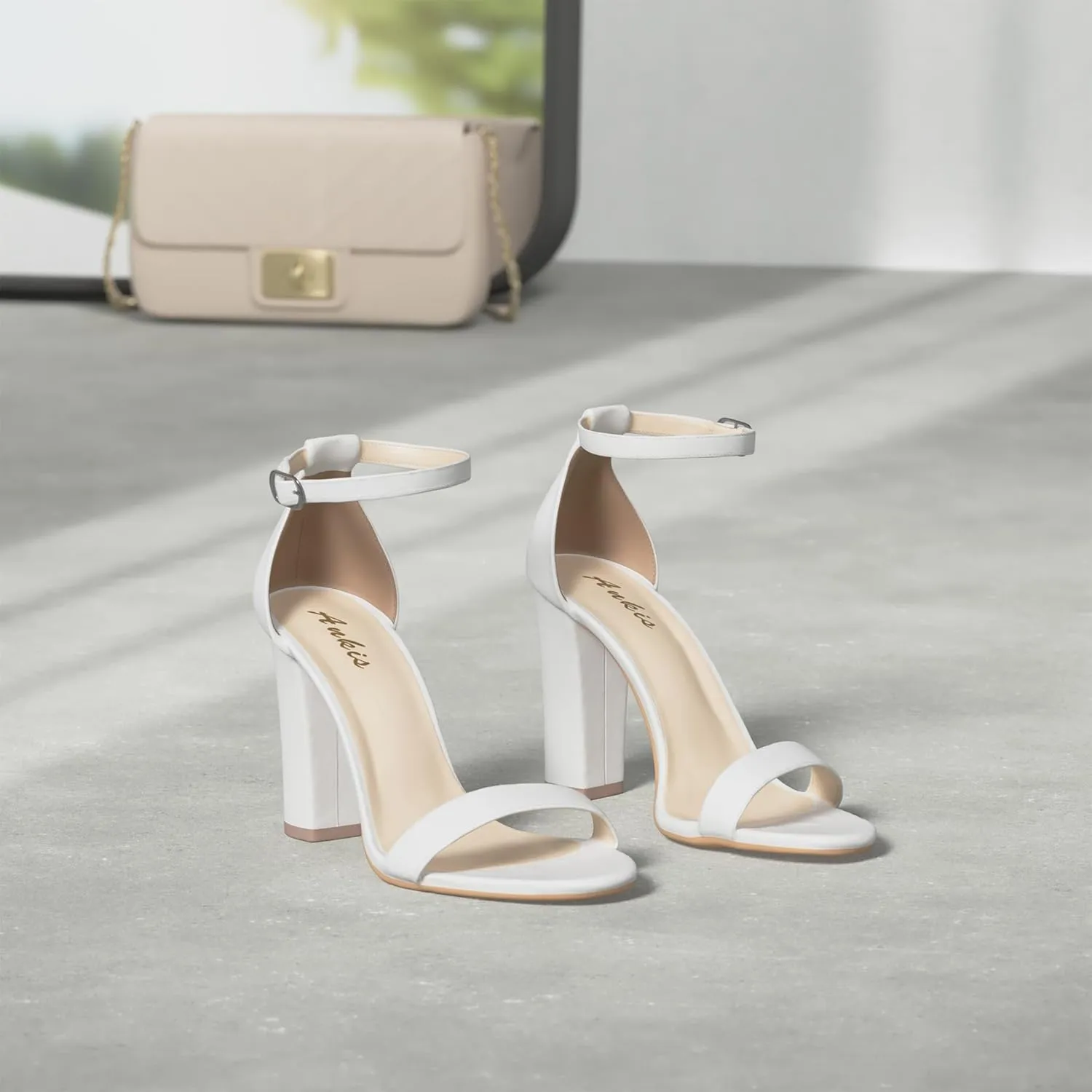 Ankis Nude Black White Heels for Women Open Toe Ankle Strap High Heel Sandals Party Wedding Strappy Buckle Sandals Standard Size 4 Inches Tall High Heel Design