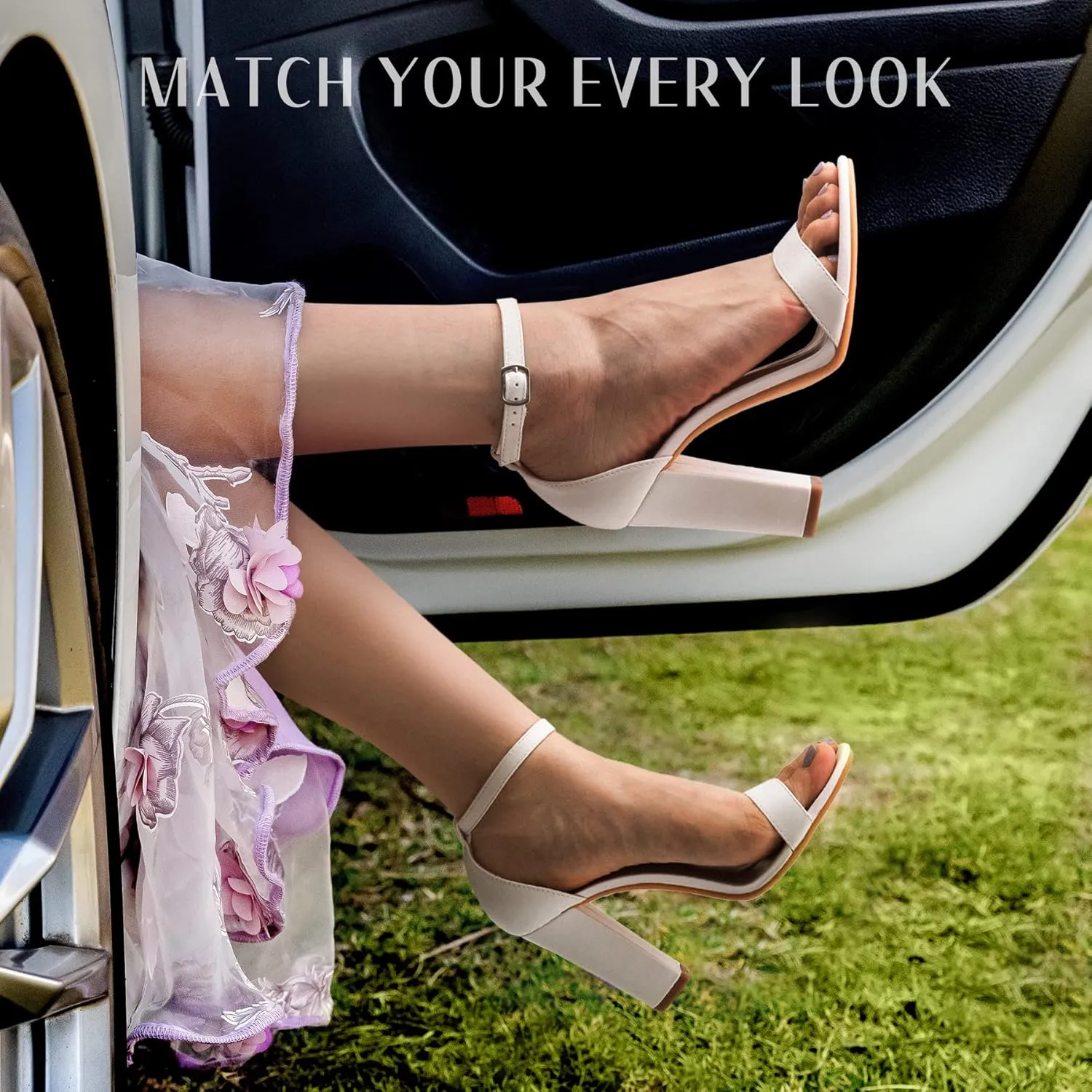 Ankis Nude Black White Heels for Women Open Toe Ankle Strap High Heel Sandals Party Wedding Strappy Buckle Sandals Standard Size 4 Inches Tall High Heel Design