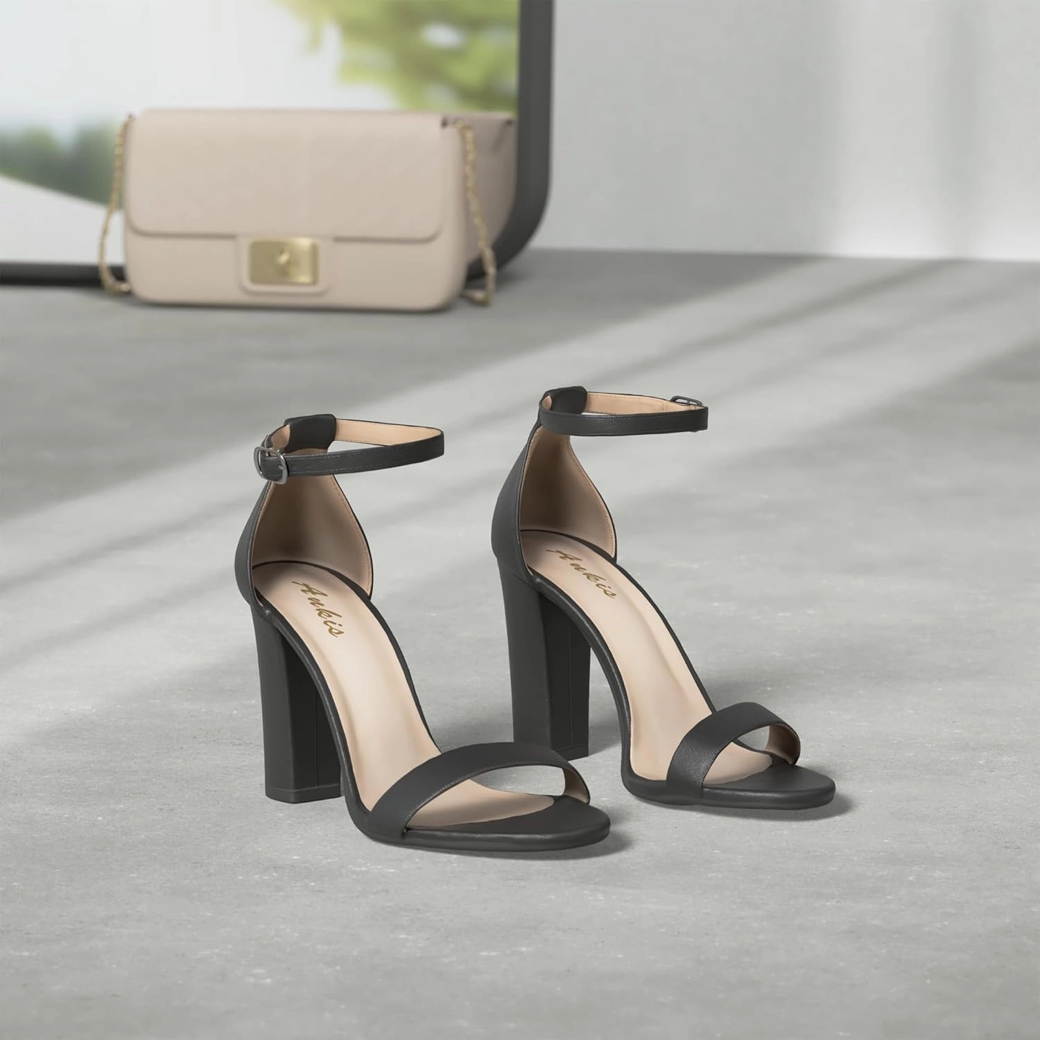 Ankis Nude Black White Heels for Women Open Toe Ankle Strap High Heel Sandals Party Wedding Strappy Buckle Sandals Standard Size 4 Inches Tall High Heel Design