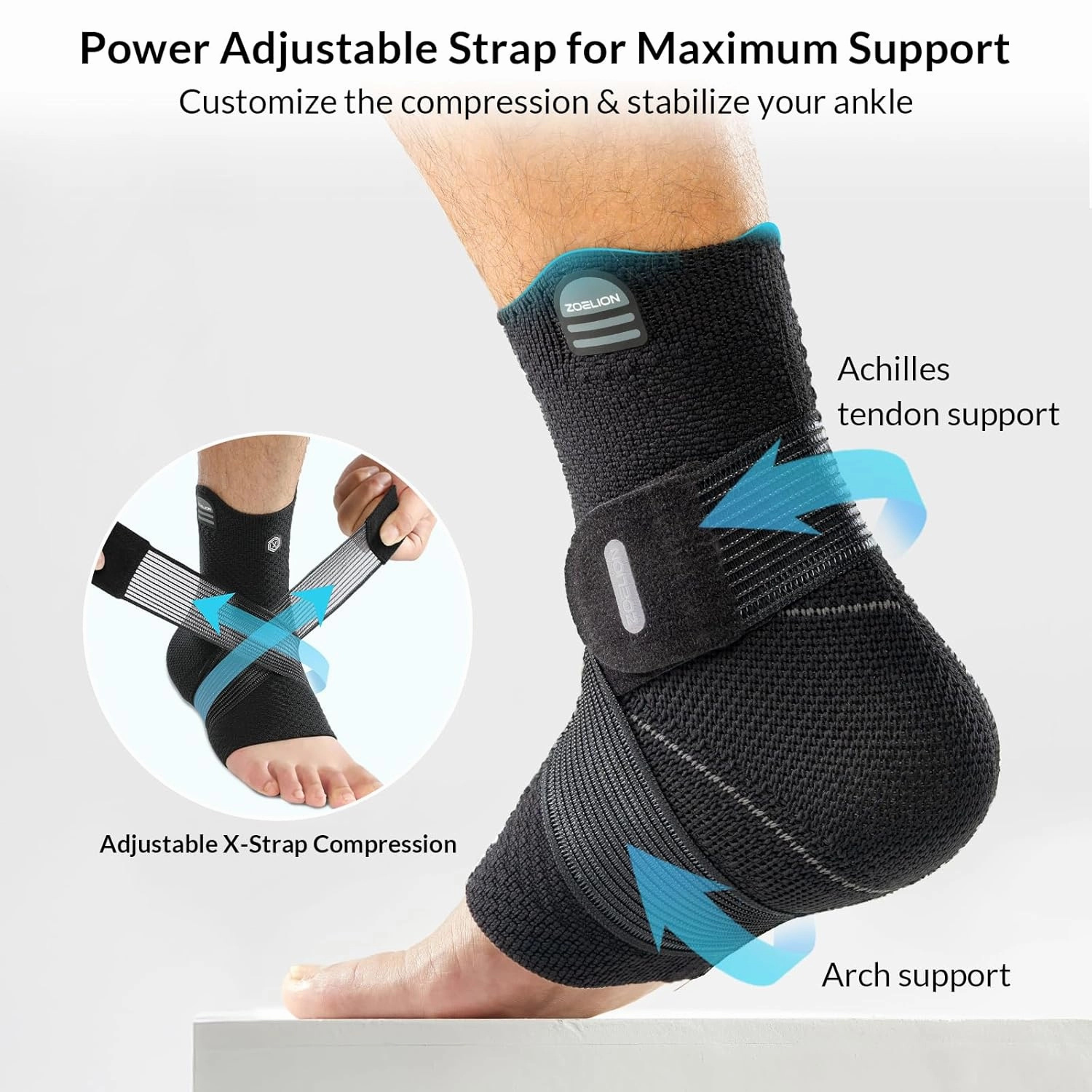 Ankle Brace Compression Support with Removable Fishnet Strap, 3D Knit Plantar Fasciitis Relief Achilles Tendonitis Brace, Ankle Compression Sleeve for Pain Relief & Injury Healing, Black/M