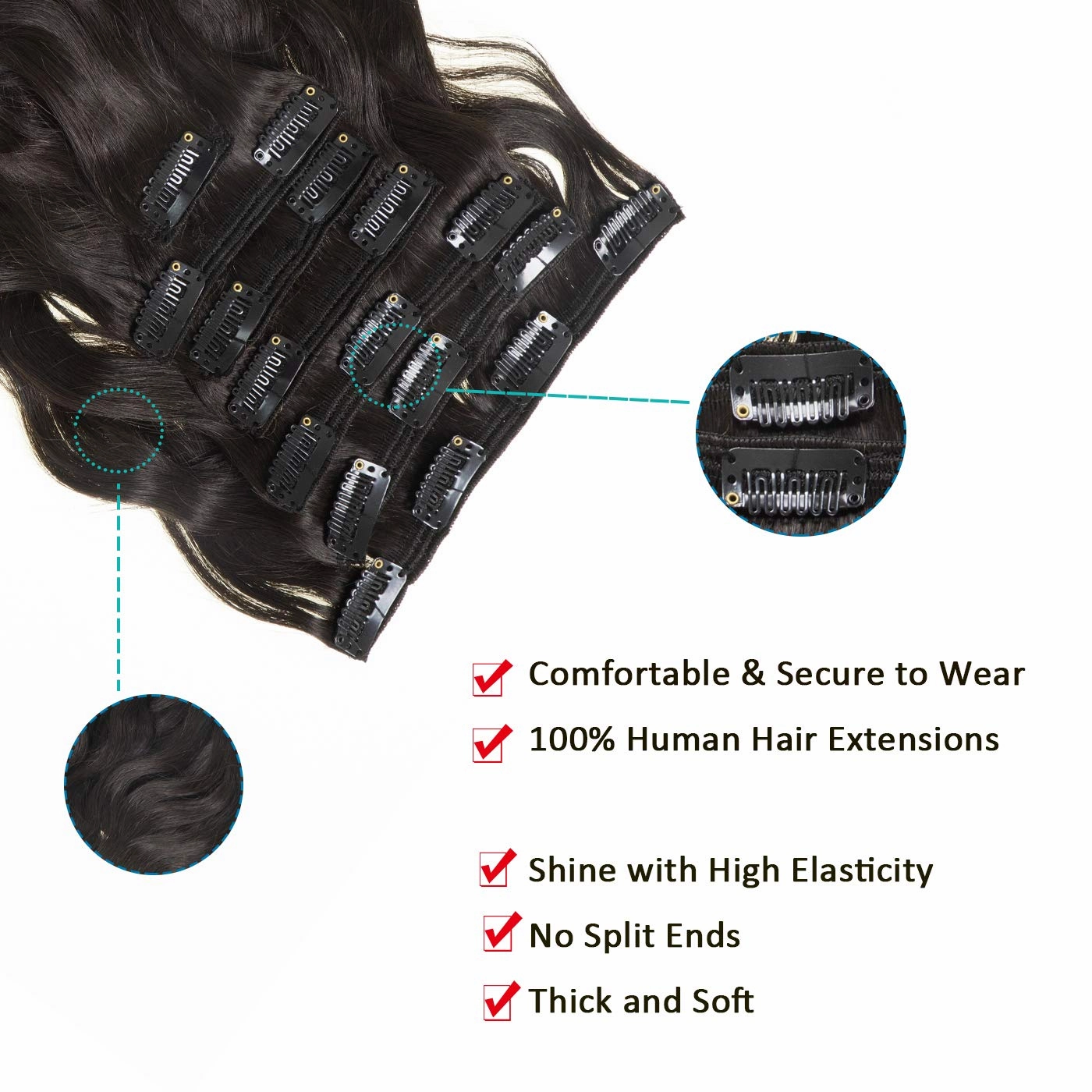 Anrosa 18Inch 120Grams Clip in Hair Extensions #1B Natural Black Color Natural Wave Curly Remy Human Hair For Women Double Weft 7Pieces Per Pack