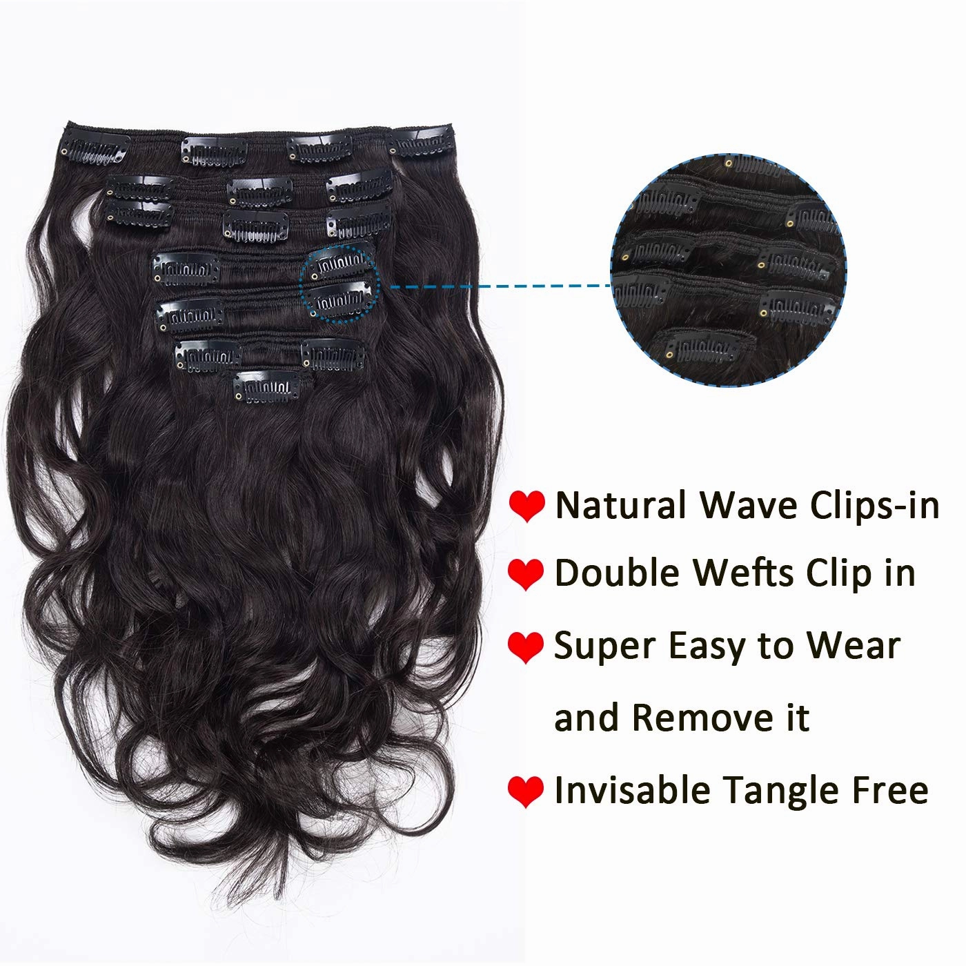 Anrosa 18Inch 120Grams Clip in Hair Extensions #1B Natural Black Color Natural Wave Curly Remy Human Hair For Women Double Weft 7Pieces Per Pack