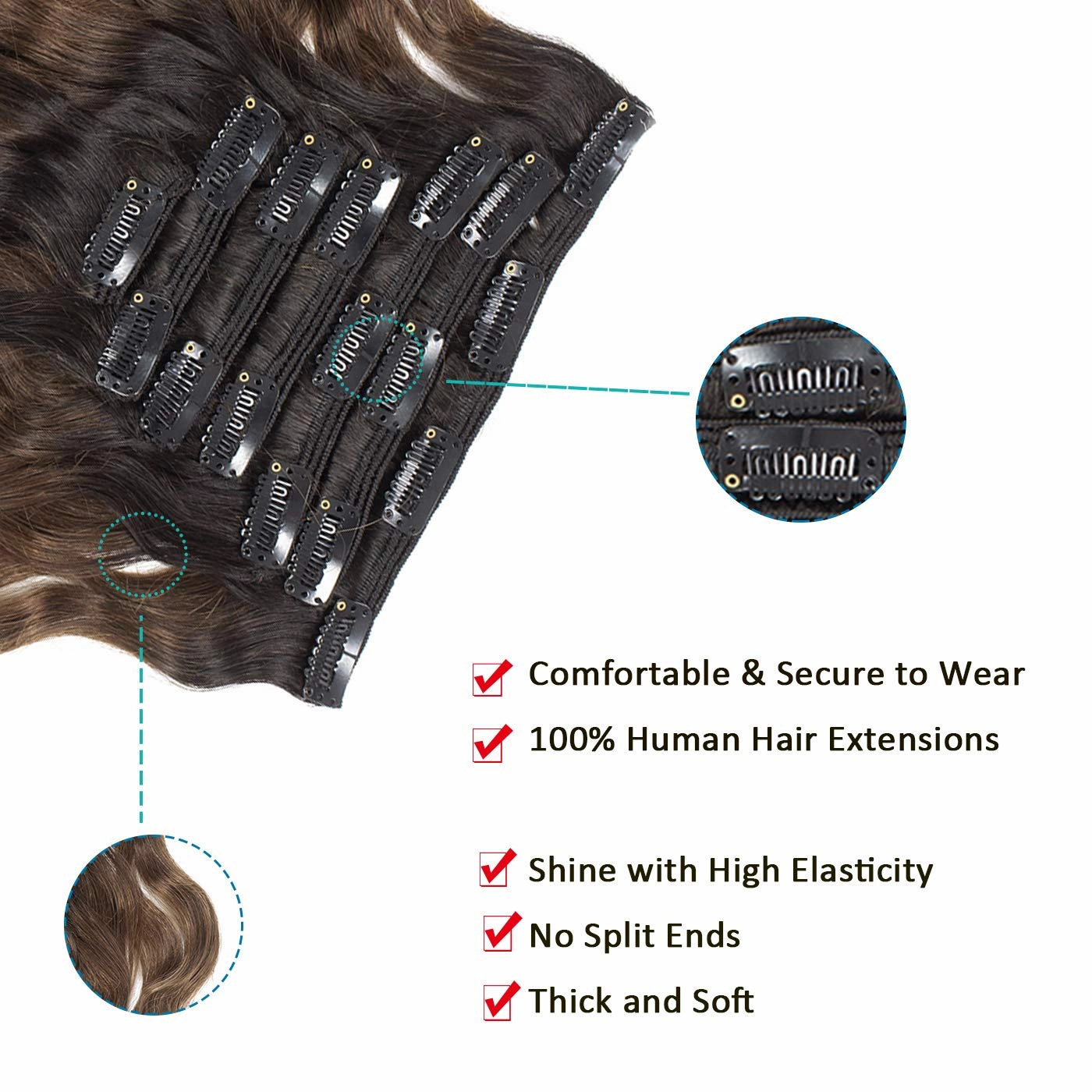 Anrosa Balayage Natural Wave #1B/4 Clips in Human Hair Extensions for Black Women 14inch Natural Black Color Fading into #4 Dark Brown Color with 7 Pieces 17 Steel Clips 120Gram Per Set