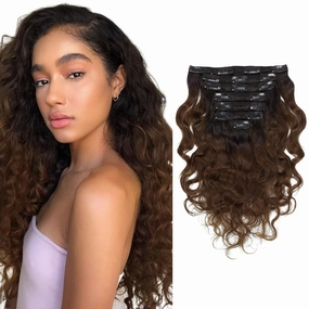 Anrosa Balayage Natural Wave #1B/4 Clips in Human Hair Extensions for Black Women 14inch Natural Black Color Fading into #4 Dark Brown Color with 7 Pieces 17 Steel Clips 120Gram Per Set