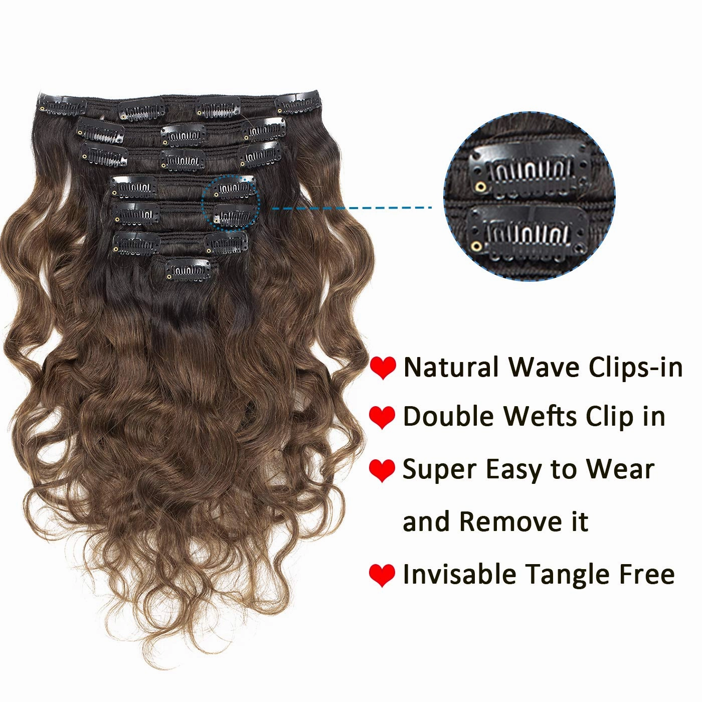 Anrosa Balayage Natural Wave #1B/4 Clips in Human Hair Extensions for Black Women 14inch Natural Black Color Fading into #4 Dark Brown Color with 7 Pieces 17 Steel Clips 120Gram Per Set