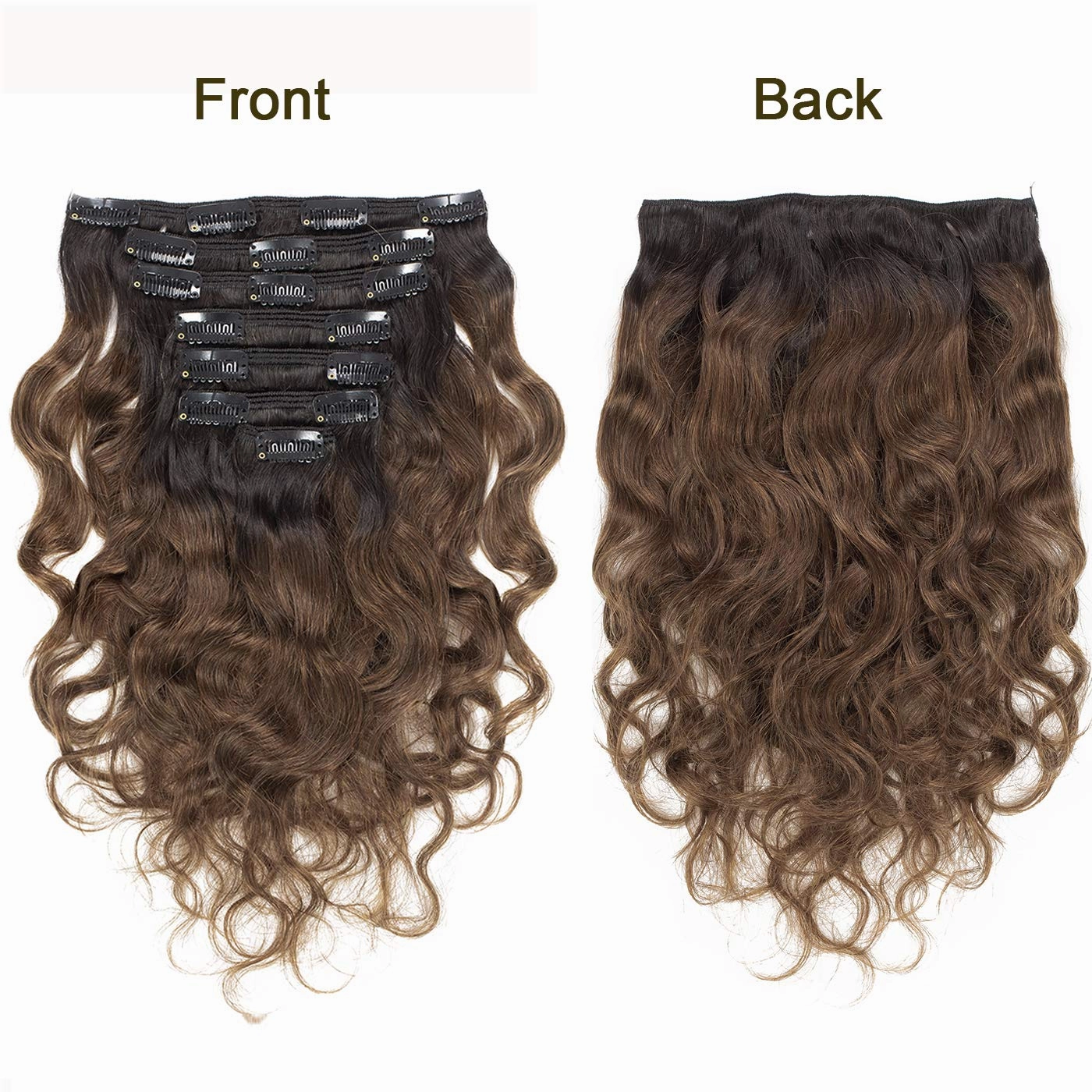 Anrosa Balayage Natural Wave #1B/4 Clips in Human Hair Extensions for Black Women 14inch Natural Black Color Fading into #4 Dark Brown Color with 7 Pieces 17 Steel Clips 120Gram Per Set