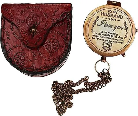Antique Brass Compass with Chain & Leather Case 2 Inch Push Button Open Pocket Compass for Hiking Travelling Camping & Navigation Tool