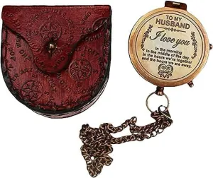 Antique Brass Compass with Chain & Leather Case 2 Inch Push Button Open Pocket Compass for Hiking Travelling Camping & Navigation Tool