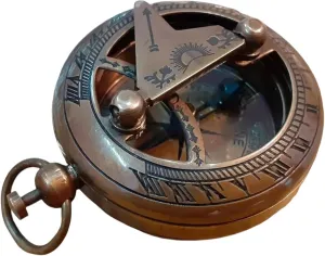 Antique Brass Pocket Sundial Compass | Vintage Nautical Navigation Tool with Push Button Design – Handmade Collectible for Gifting & Décor