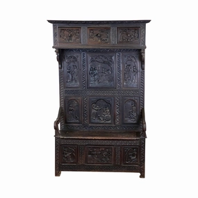 Antique French Neo-Gothic Black Walnut Monk's Bench c. Mid-19th Century