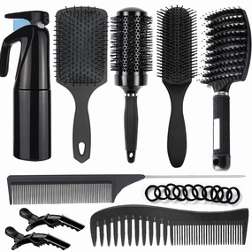Aozzy 9Pcs Curly Hair Brush Set, Hair Brushes for Women, Round Brush for Blow Drying, Paddle Brush, Fit for Detangling Wet Long Thick Hair, Spray Bottle for Curly Wavy Hair, Family Daily Care（Black）