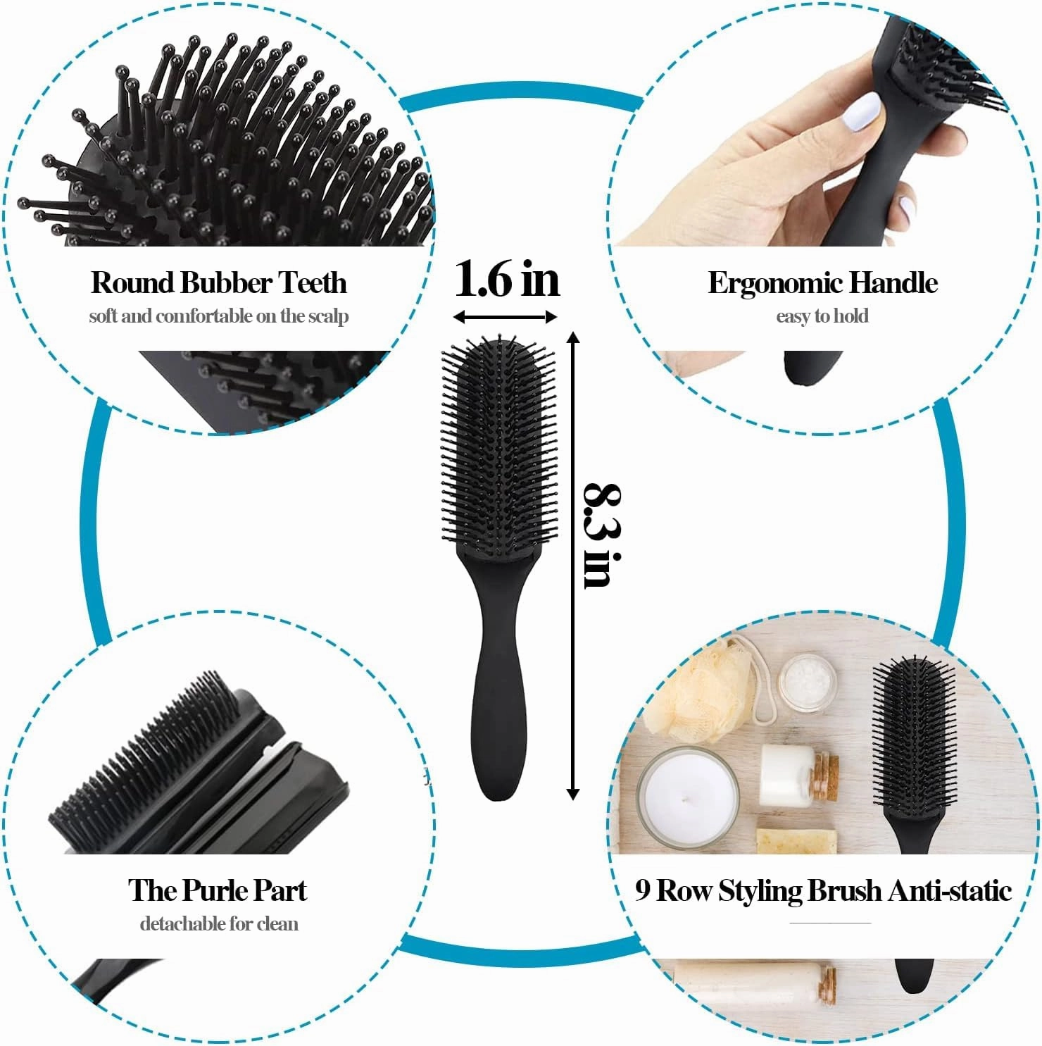 Aozzy 9Pcs Curly Hair Brush Set, Hair Brushes for Women, Round Brush for Blow Drying, Paddle Brush, Fit for Detangling Wet Long Thick Hair, Spray Bottle for Curly Wavy Hair, Family Daily Care（Black）