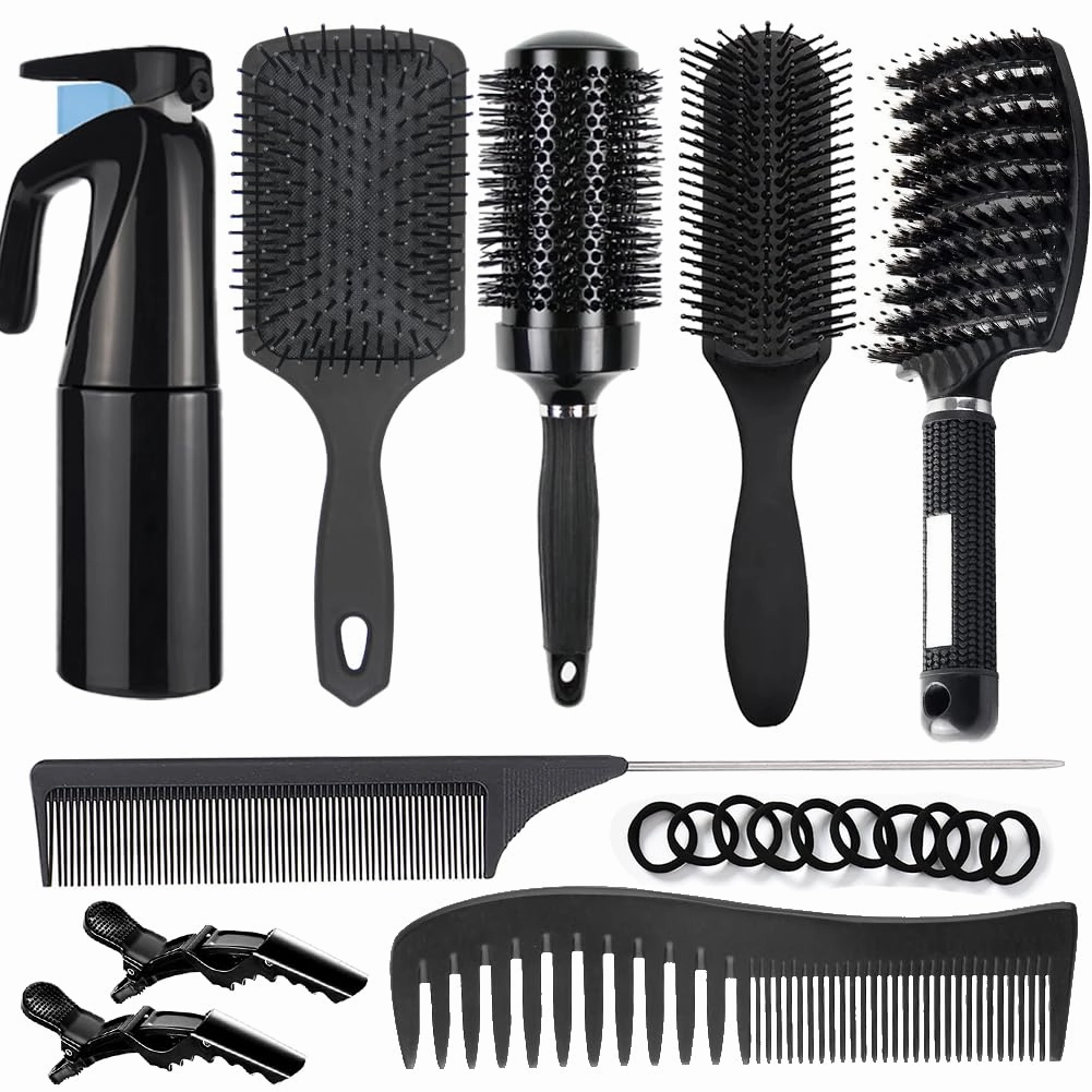 Aozzy 9Pcs Curly Hair Brush Set, Hair Brushes for Women, Round Brush for Blow Drying, Paddle Brush, Fit for Detangling Wet Long Thick Hair, Spray Bottle for Curly Wavy Hair, Family Daily Care（Black）