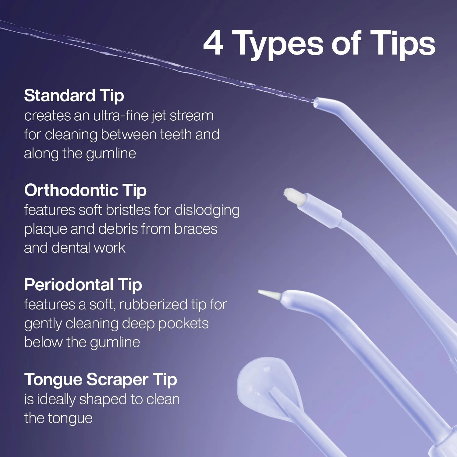 AquaSonic Icon Water Flosser Replacement Tips - 5 Tips, 4 Types: Standard, Periodontal, Orthodontic & Tongue Scraper - Genuine, Authentic Parts (Lilac)