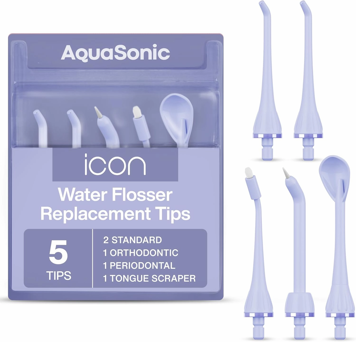 AquaSonic Icon Water Flosser Replacement Tips - 5 Tips, 4 Types: Standard, Periodontal, Orthodontic & Tongue Scraper - Genuine, Authentic Parts (Lilac)