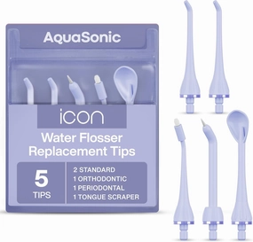 AquaSonic Icon Water Flosser Replacement Tips - 5 Tips, 4 Types: Standard, Periodontal, Orthodontic & Tongue Scraper - Genuine, Authentic Parts (Lilac)