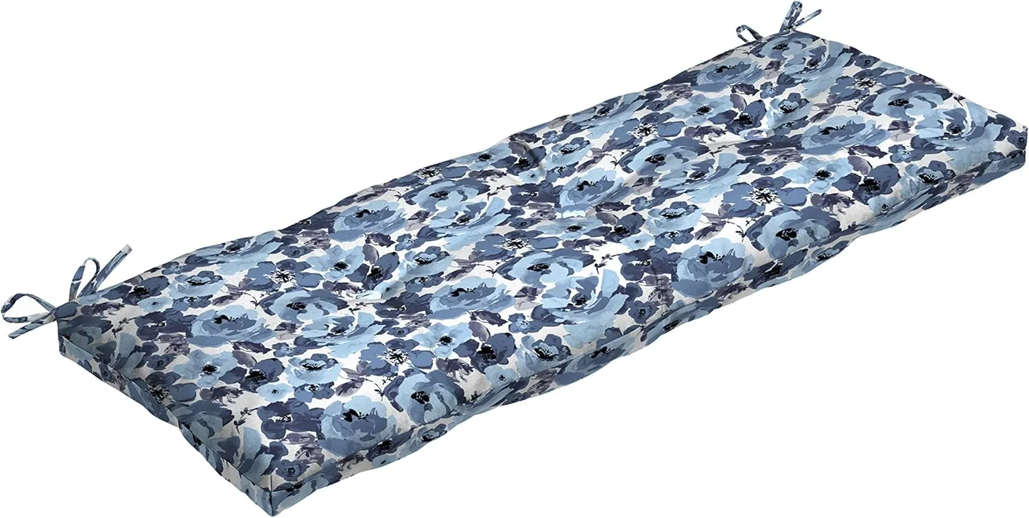 Arden Selections Outdoor Plush Classic Tufted Bench Cushion, 48 x 18, Water Repellent, Fade Resistant, Tufted Bench Cushion for Bench and Swing 18 x 48, Blue Garden Floral