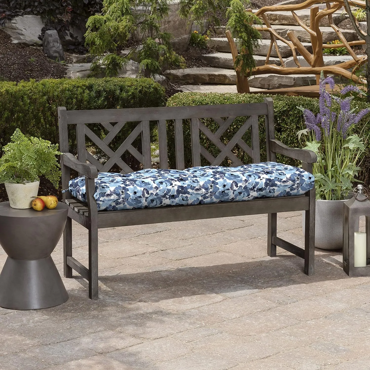Arden Selections Outdoor Plush Classic Tufted Bench Cushion, 48 x 18, Water Repellent, Fade Resistant, Tufted Bench Cushion for Bench and Swing 18 x 48, Blue Garden Floral