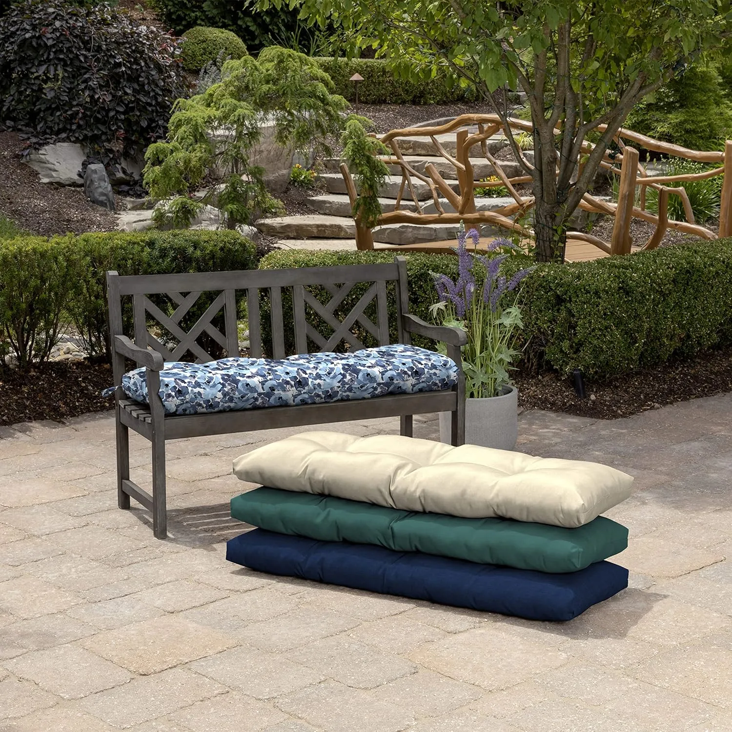 Arden Selections Outdoor Plush Classic Tufted Bench Cushion, 48 x 18, Water Repellent, Fade Resistant, Tufted Bench Cushion for Bench and Swing 18 x 48, Blue Garden Floral