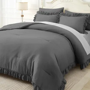ARTALL Twin Comforter Set Reyna Ruffled Comforter Sets 2 Pieces with 1 Pillow Sham, Vintage Farmhouse Shabby Chic Bedding Soft Fluffy Comforter Set All Season for Teens and Girls, Dark Grey