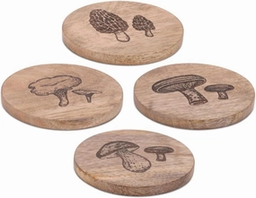 Assorted Mushroom Designs 4 Inch Round Brown Wooden Beverage Drink Coasters Set of 4