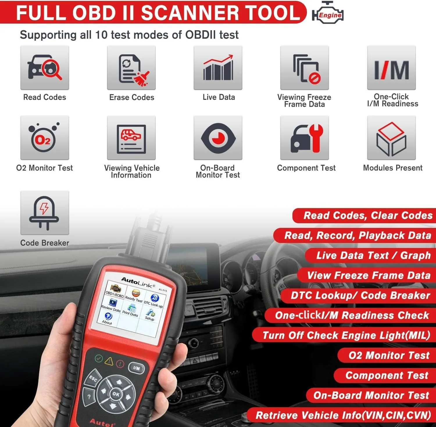 Autel AutoLink AL519 Car OBD2 Scanner, Classic Enhanced Mode 6 Engine Fault Code Reader OBDII CAN Diagnostic Scan Tool, One-Click Smog Check, DTC Look, Upgraded of AL319