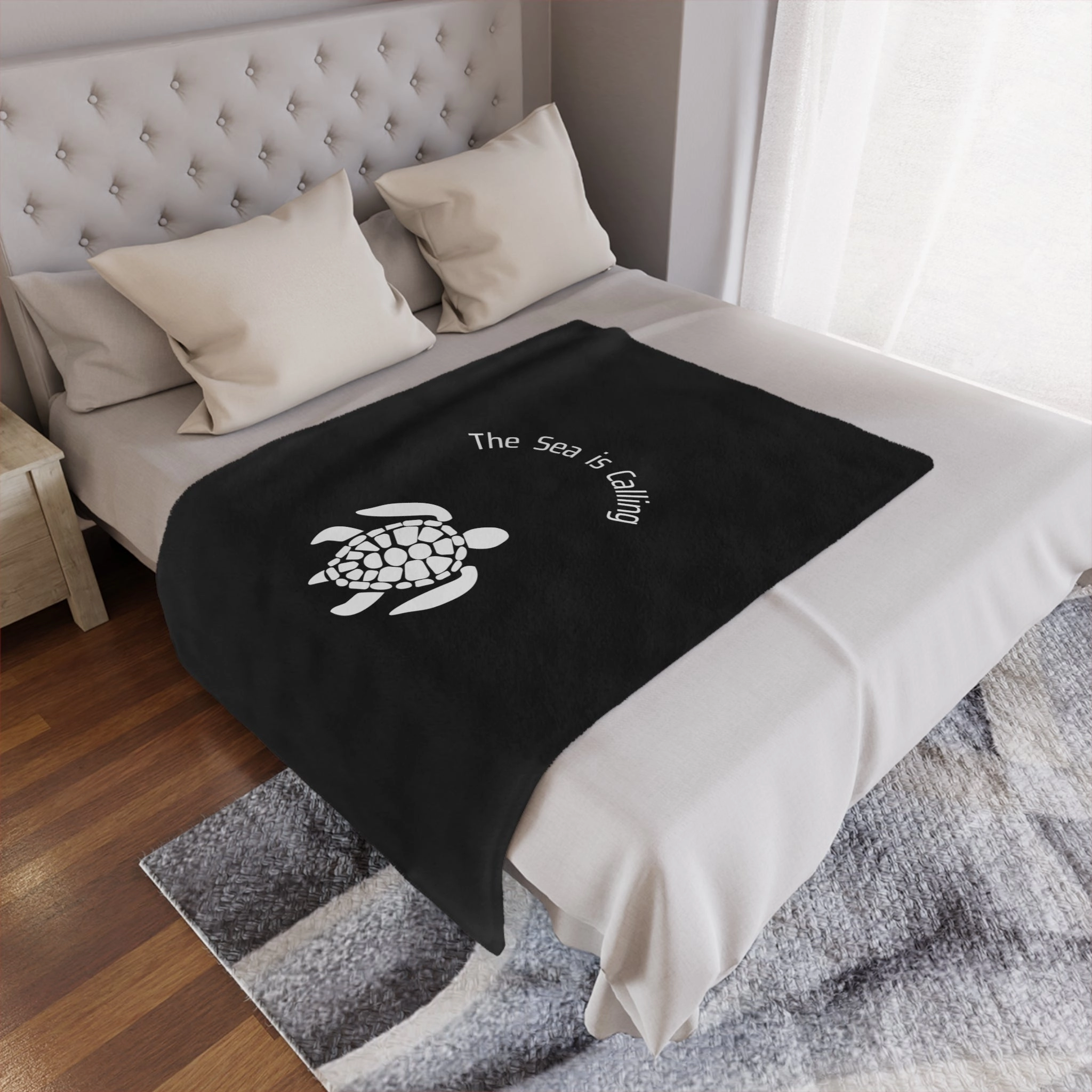 Baby Sea Turtle. The Sea is Calling. White on black. Minky Blanket