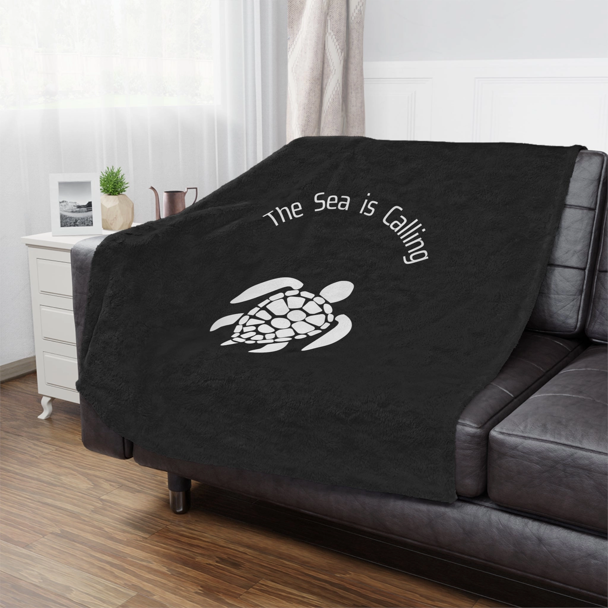 Baby Sea Turtle. The Sea is Calling. White on black. Minky Blanket