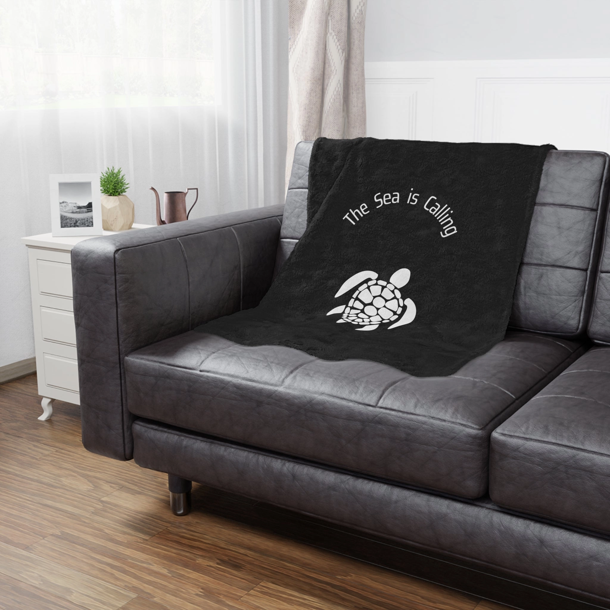 Baby Sea Turtle. The Sea is Calling. White on black. Minky Blanket