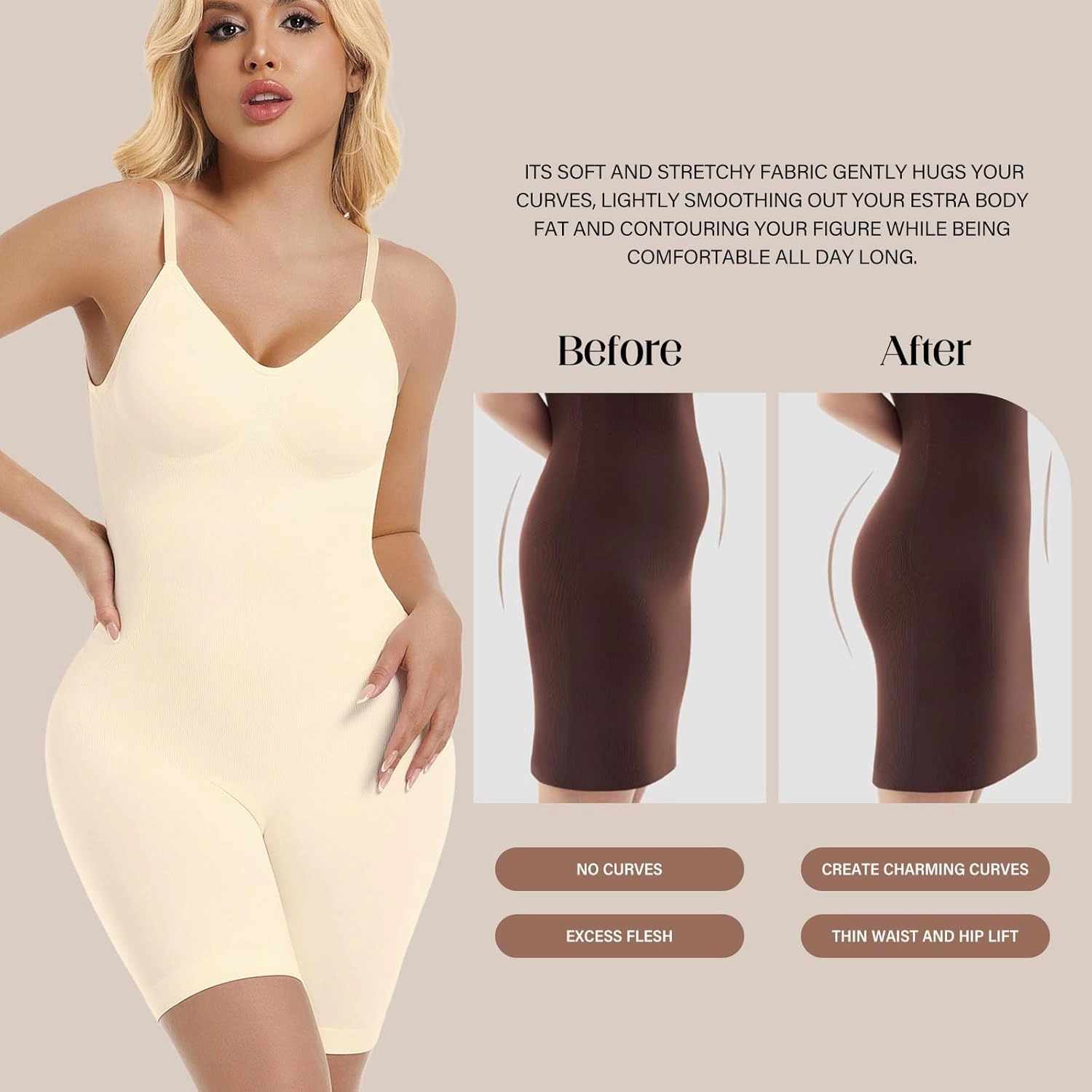 Backless Shapewear for Women Tummy Control Shapewear Low Back Bodysuit Seamless with Shorts Light Compression