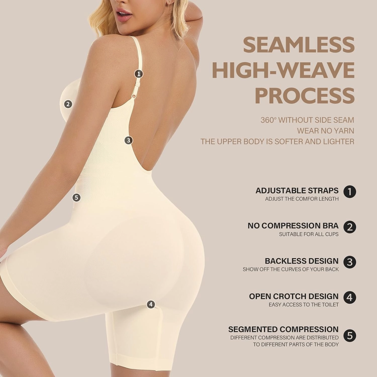Backless Shapewear for Women Tummy Control Shapewear Low Back Bodysuit Seamless with Shorts Light Compression