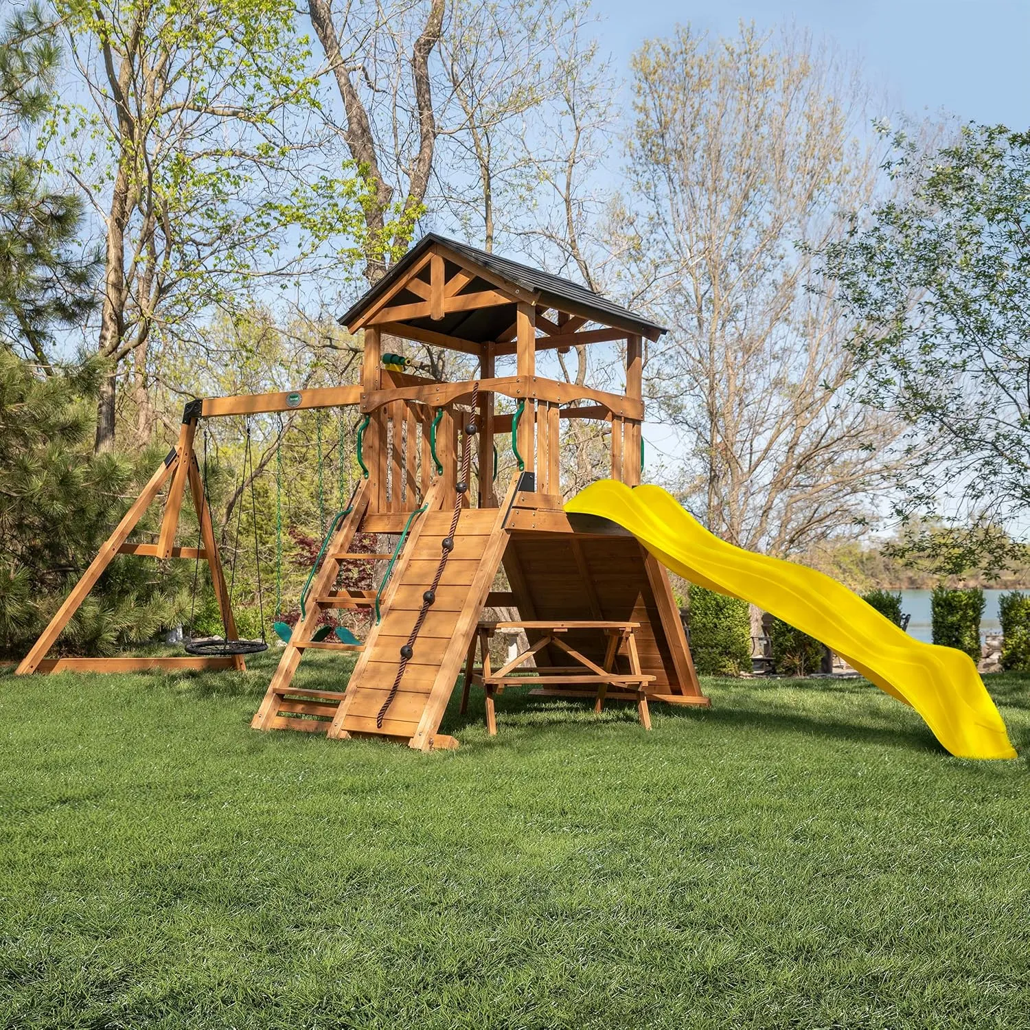Backyard Discovery Endeavor II Cedar Wood Swing Set with Wave Slide, Play Deck, Double Rock Wall, Picnic Table, Climbing Wall, Belt Swings, Web Swing, Toy Telescope, Step Ladder, Outdoor Playset