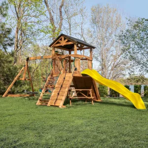 Backyard Discovery Endeavor II Cedar Wood Swing Set with Wave Slide, Play Deck, Double Rock Wall, Picnic Table, Climbing Wall, Belt Swings, Web Swing, Toy Telescope, Step Ladder, Outdoor Playset