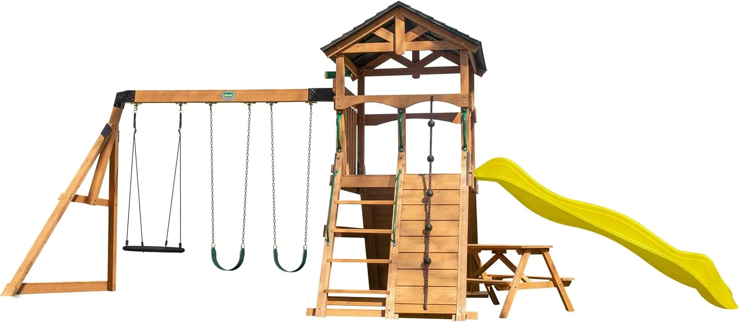 Backyard Discovery Endeavor II Cedar Wood Swing Set with Wave Slide, Play Deck, Double Rock Wall, Picnic Table, Climbing Wall, Belt Swings, Web Swing, Toy Telescope, Step Ladder, Outdoor Playset
