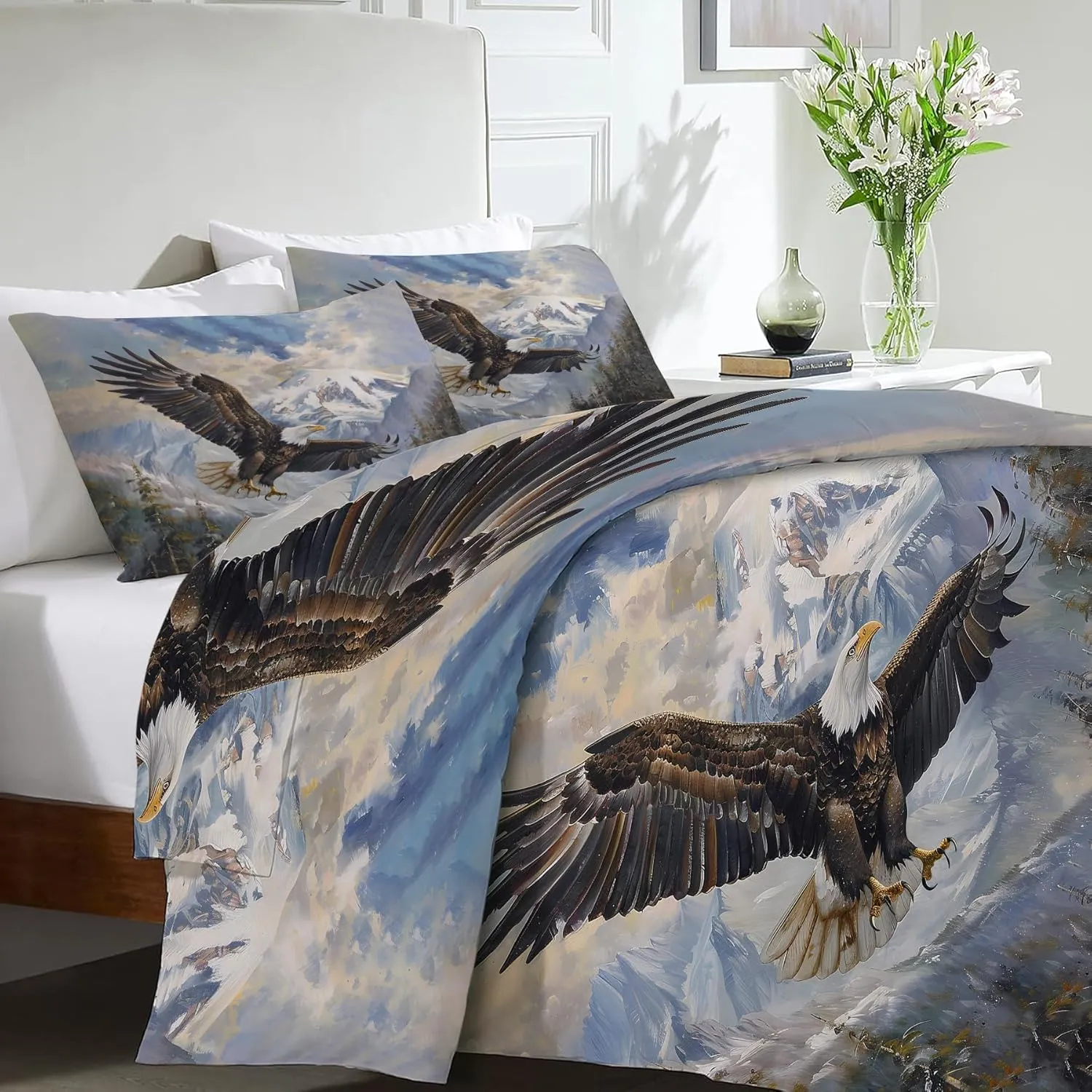 Bald Eagle Bedding Set Eagle Decor Duvet Cover Animal Pattern Comforter Set Soft Breathable Quilt Set for Girls Boys Kids Teenagers Adults Men Women with 2 Pillowcases for All Season Twin Size