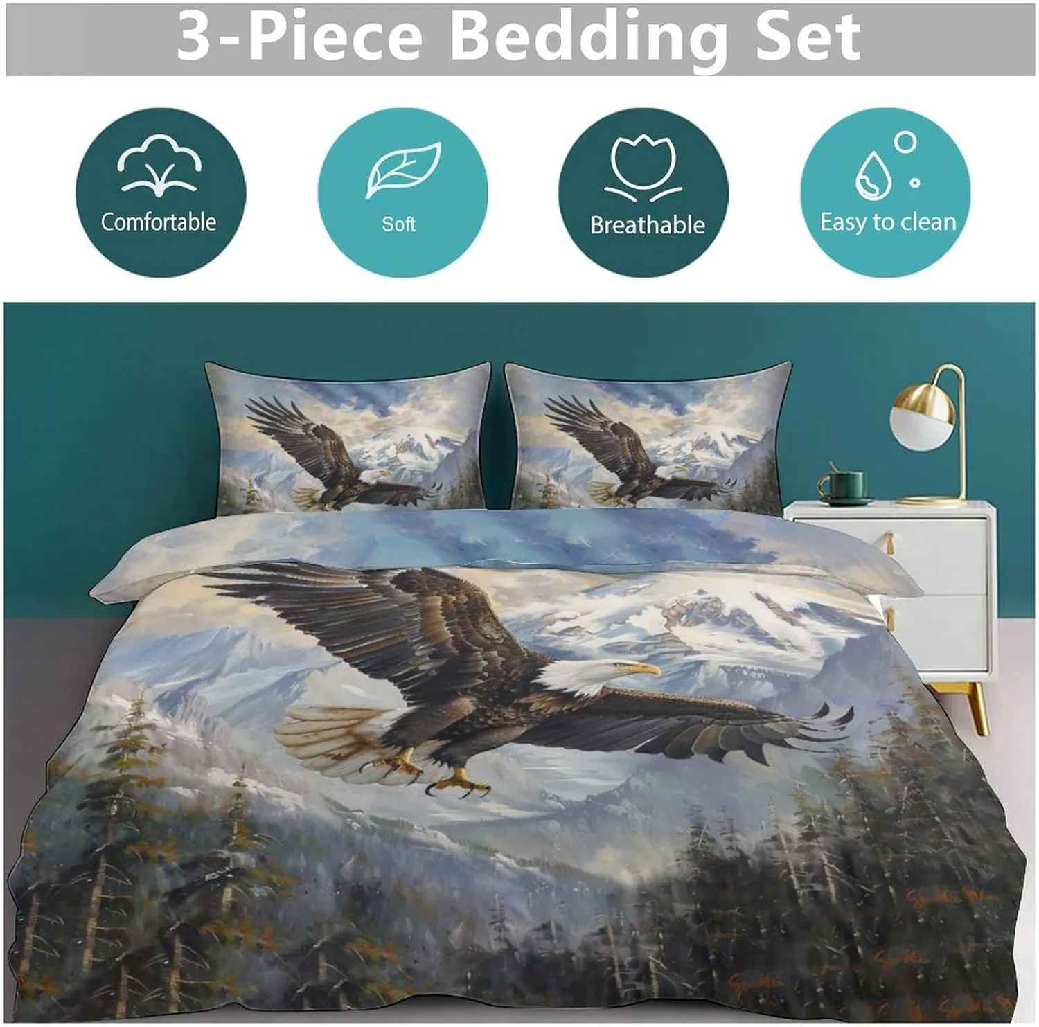 Bald Eagle Bedding Set Eagle Decor Duvet Cover Animal Pattern Comforter Set Soft Breathable Quilt Set for Girls Boys Kids Teenagers Adults Men Women with 2 Pillowcases for All Season Twin Size