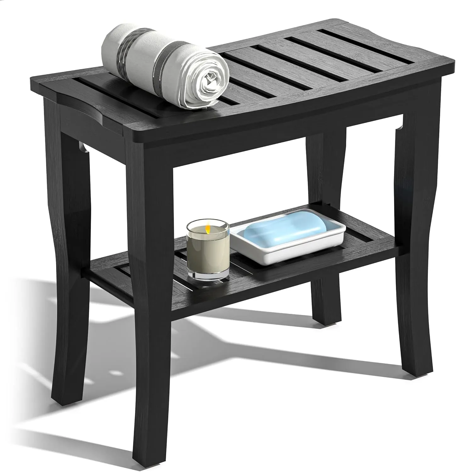 Bamboo Shower Bench & Stool Waterproof - Wood Shower Bench with Storage Shelf for Inside Shower(Black)